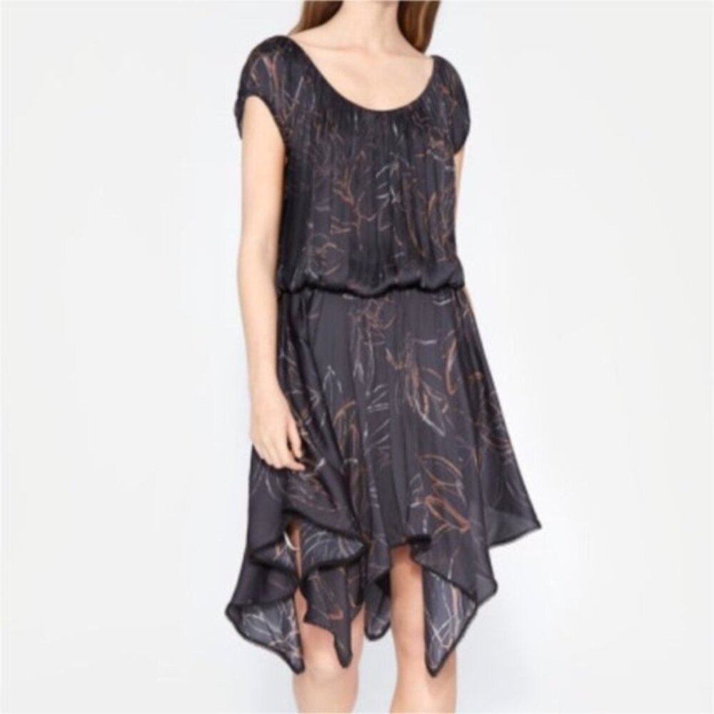 Halston Heritage Cap Sleeve Scarf Hem Black Brown Abstract Print Dress L EUC
